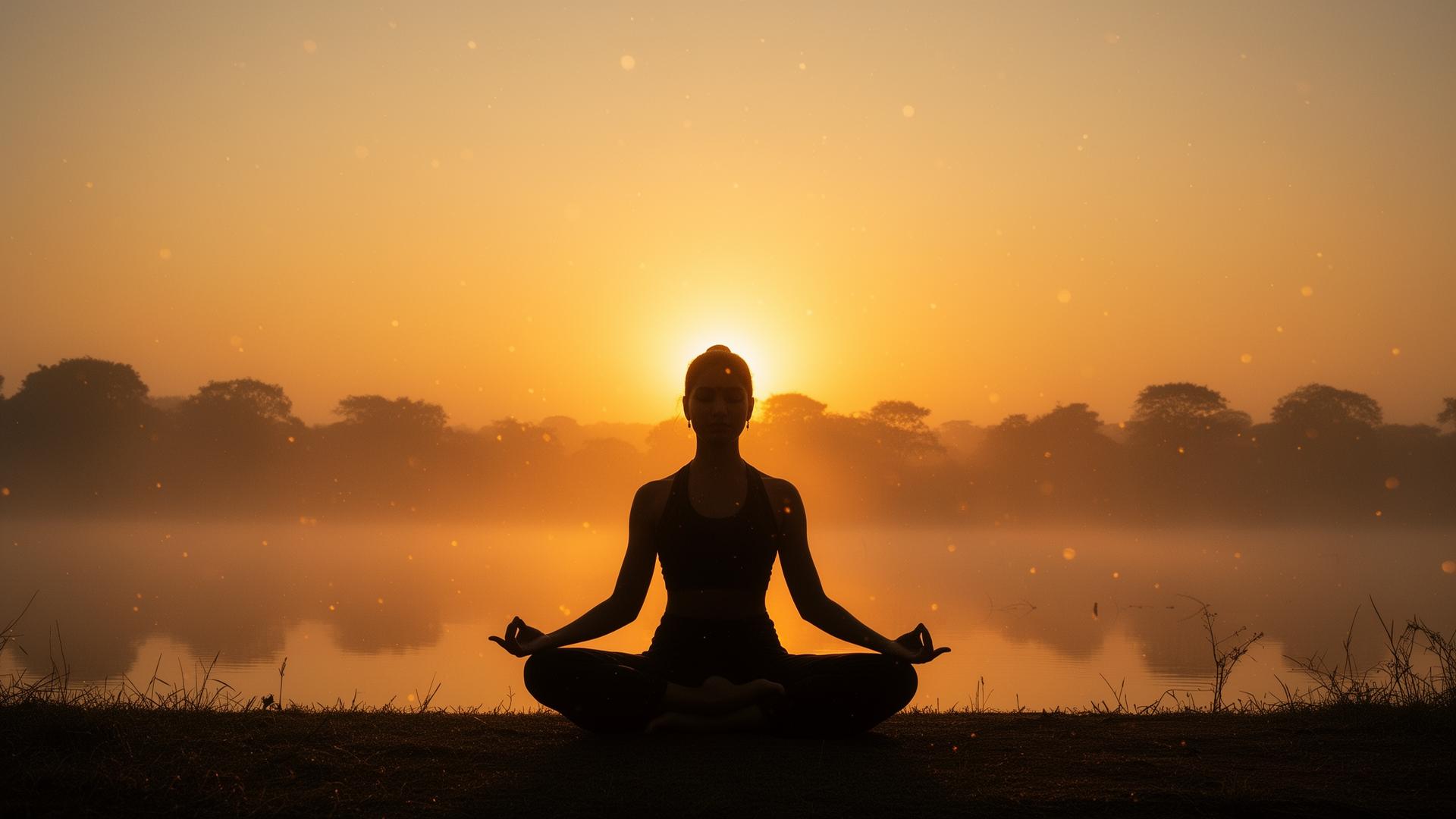 Sunrise yoga silhouette over a misty landscape